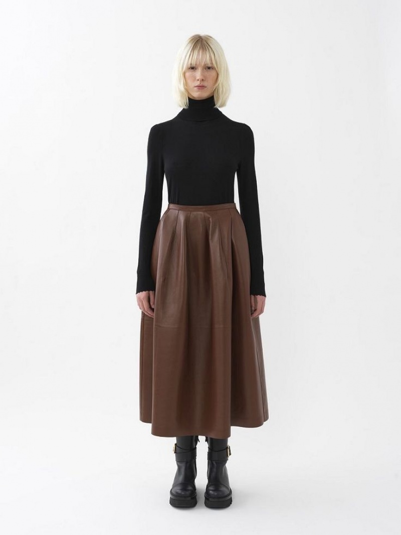 Leather Chloe Gathered Mid-length Skirt Cafes | CHE-SR14116