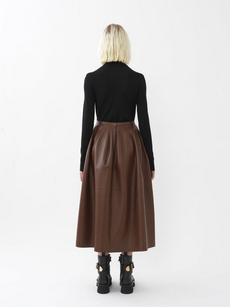 Leather Chloe Gathered Mid-length Skirt Cafes | CHE-SR14116